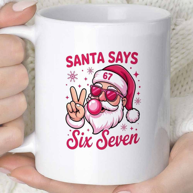 Tailorly White Ceramic 11 oz Mug - Santa Says Six Seven Cool Cartoon Character Wearing Sunglasses Blowing Bubblegum Santa