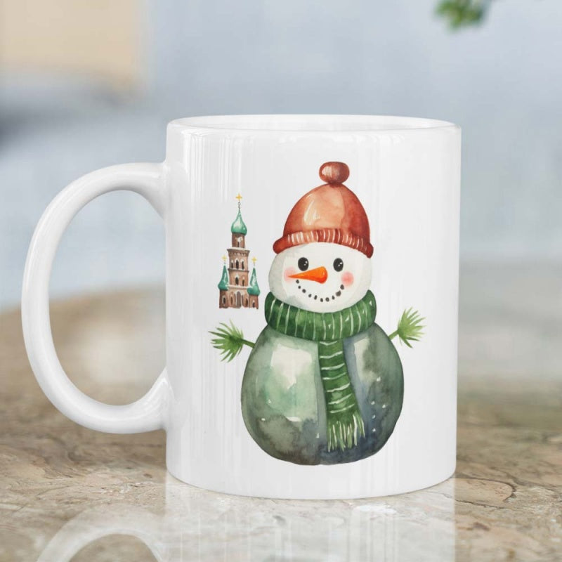 Tailorly White Ceramic 11 oz Mug - Cheerful Watercolor Character Wearing Red Hat And Knitted Green Scarf Snowman