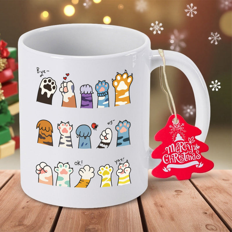 Tailorly White Ceramic 11 oz Mug - Bye Ok Yes Merry Christmas Diverse Colorful Cartoon Cat Paws Arranged In Neat Rows Mug