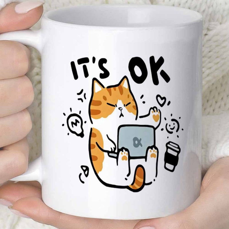 Tailorly White Ceramic 11 oz Mug - Its OK Ginger Tabby Typing On Laptop Surrounded By Minimalist Office Icons Cat