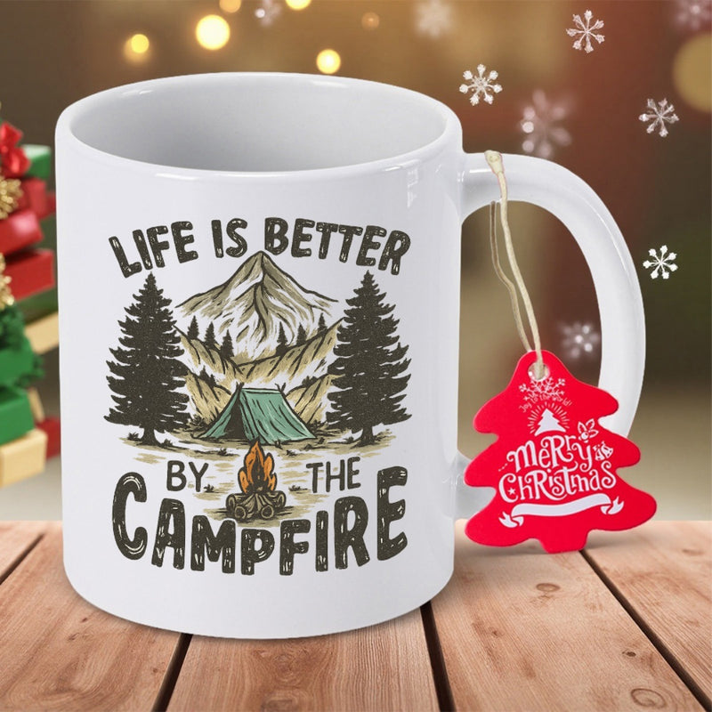 Tailorly White Ceramic 11 oz Mug - Life Is Better By The Campfire Rustic Mountain Landscape With Evergreen Trees And A Small Tent Campfire
