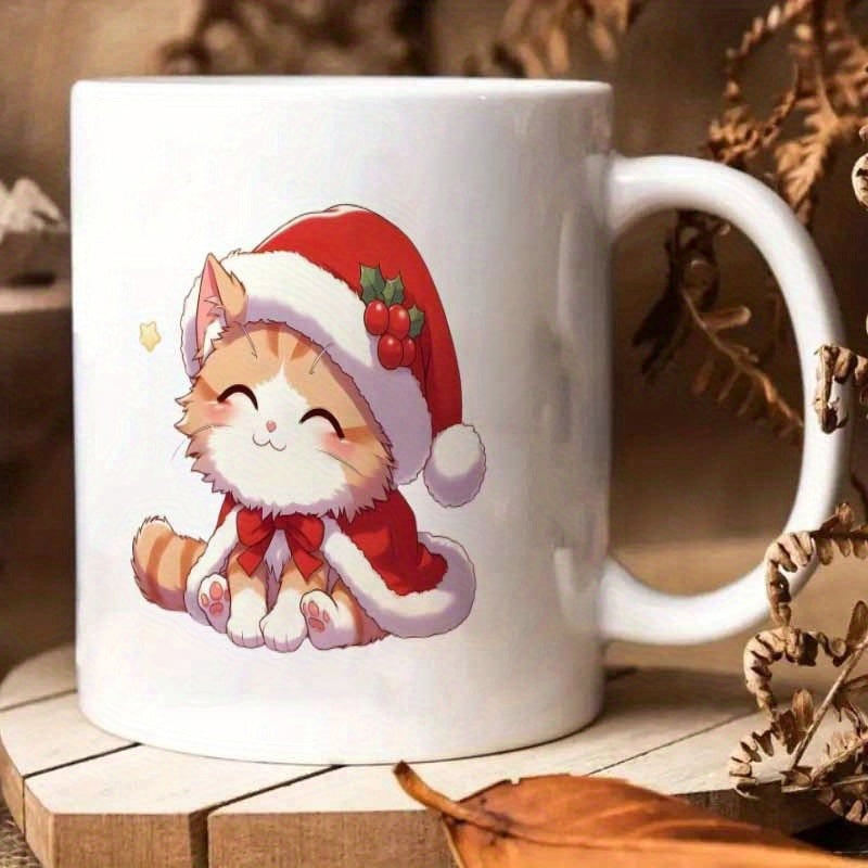 Tailorly White Ceramic 11 oz Mug - Adorable Ginger Tabby Wearing Festive Red Santa Hat And Cape Kitten