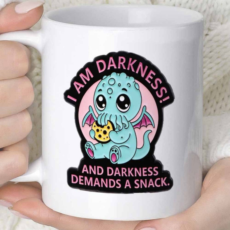 Tailorly White Ceramic 11 oz Mug - I Am Darkness And Darkness Demands A Snack Adorable Blue Mythical Tentacle Creature Eating A Delicious Chocolate Chip Cookie