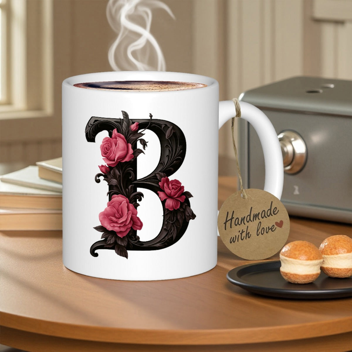 Tailorly White Ceramic 11 oz Mug - Handmade With Love Ornate Black Letter B Decorated With Elegant Pink Roses And Dark Filigree Mug
