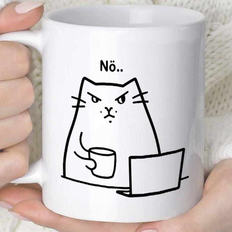 Tailorly White Ceramic 11 oz Mug - Minimalist Black Line Art Of A Grumpy Feline Working On Laptop Cat