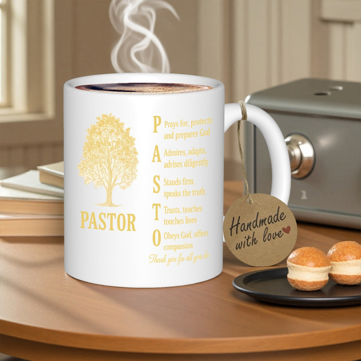 Tailorly White Ceramic 11 oz Mug - Pastor Handmade With Love Glimmering Golden Leafy Tree Standing Firm Beside Grateful Inspirational Quotes Tree