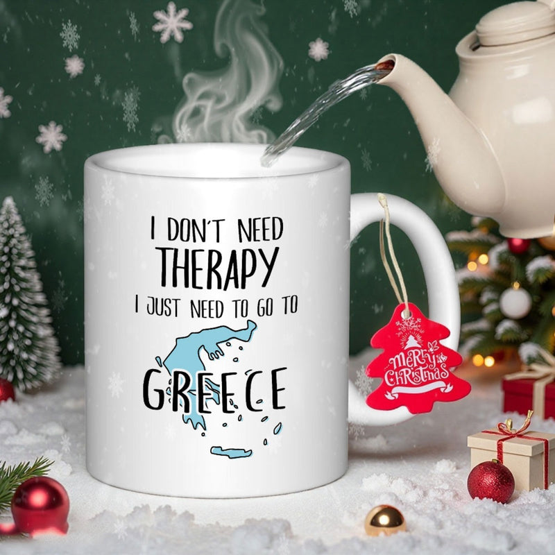 Tailorly White Ceramic 11 oz Mug - I Don't Need Therapy I Just Need To Go To Greece Minimalist Blue Outline Map Of Greece Surrounded By Small Coastal Dots Mug