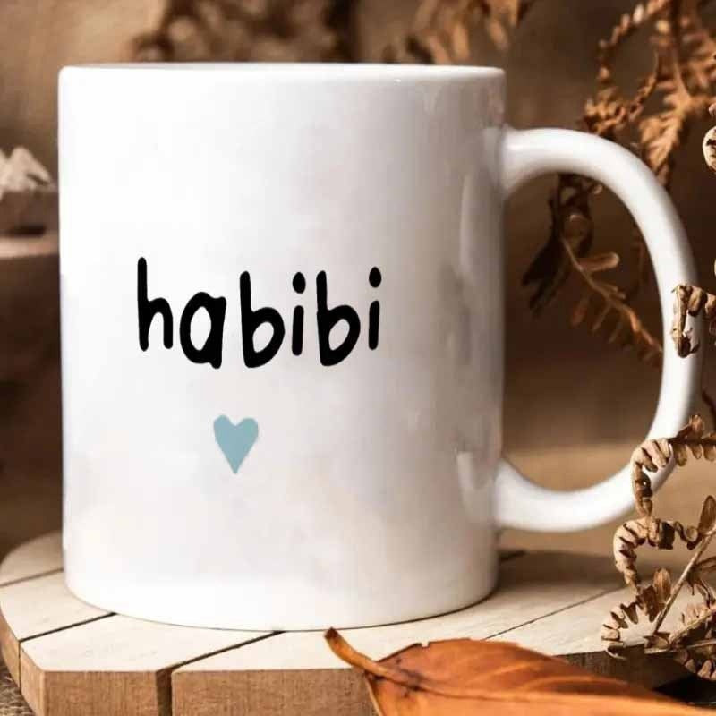 Tailorly White Ceramic 11 oz Mug - Habibi Minimalist Black Lettering Combined With A Soft Blue Heart Symbol Heart