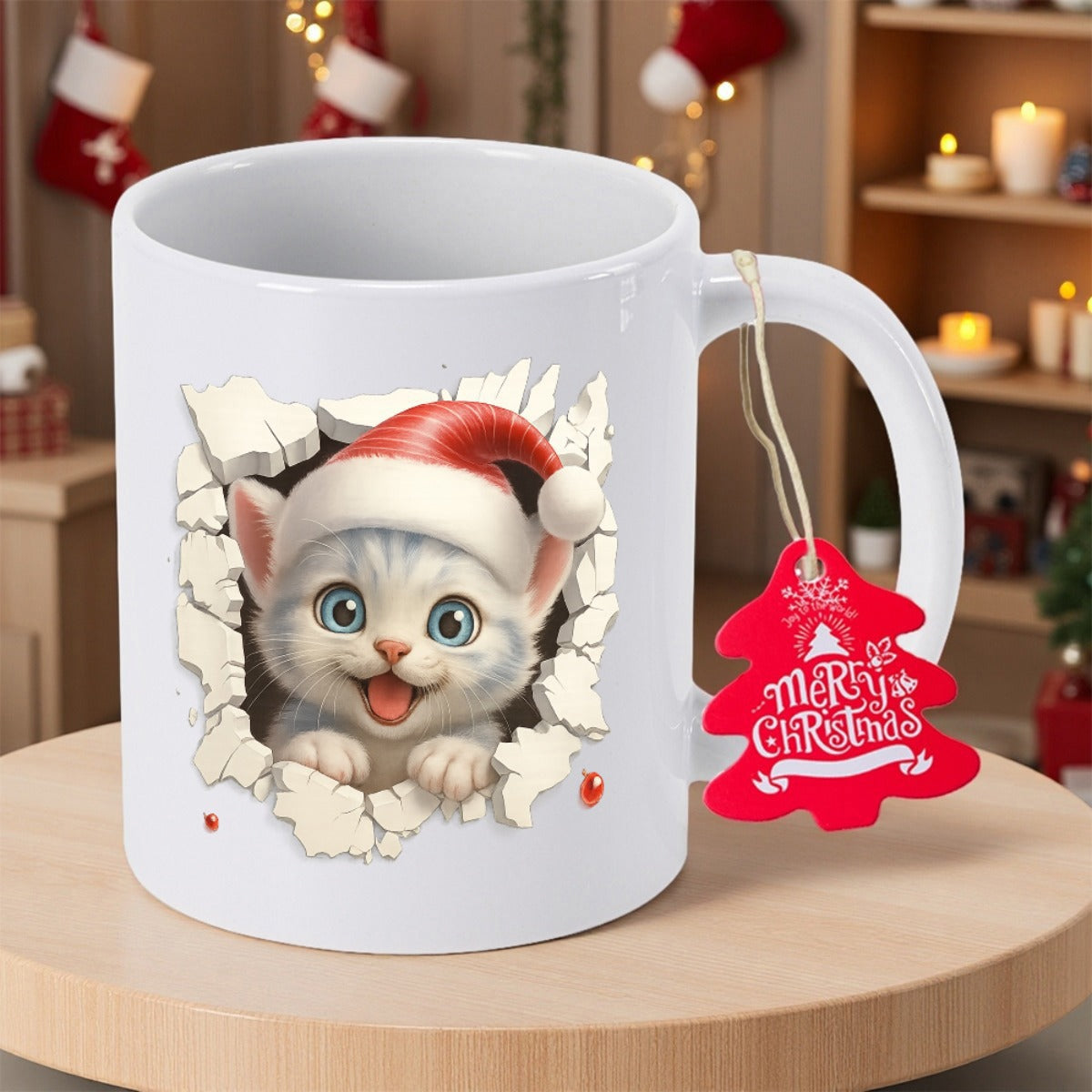 Tailorly White Ceramic 11 oz Mug - Merry Christmas Adorable White Kitten With Santa Hat Breaking Through Cracked Wall Cat