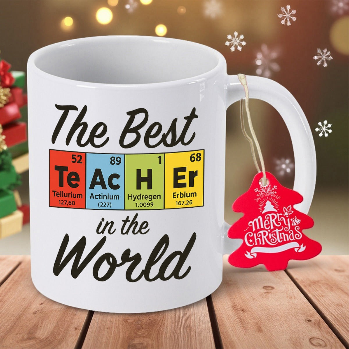 Tailorly White Ceramic 11 oz Mug - The Best Teacher In The World Colorful Periodic Table Element Tiles Arranged In A Scientific Grid Style Mug