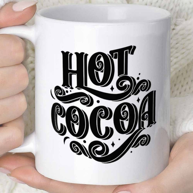 Tailorly White Ceramic 11 oz Mug - Hot Cocoa Decorative Vintage Style Lettering With Elegant Swirls And Sparkles Sign