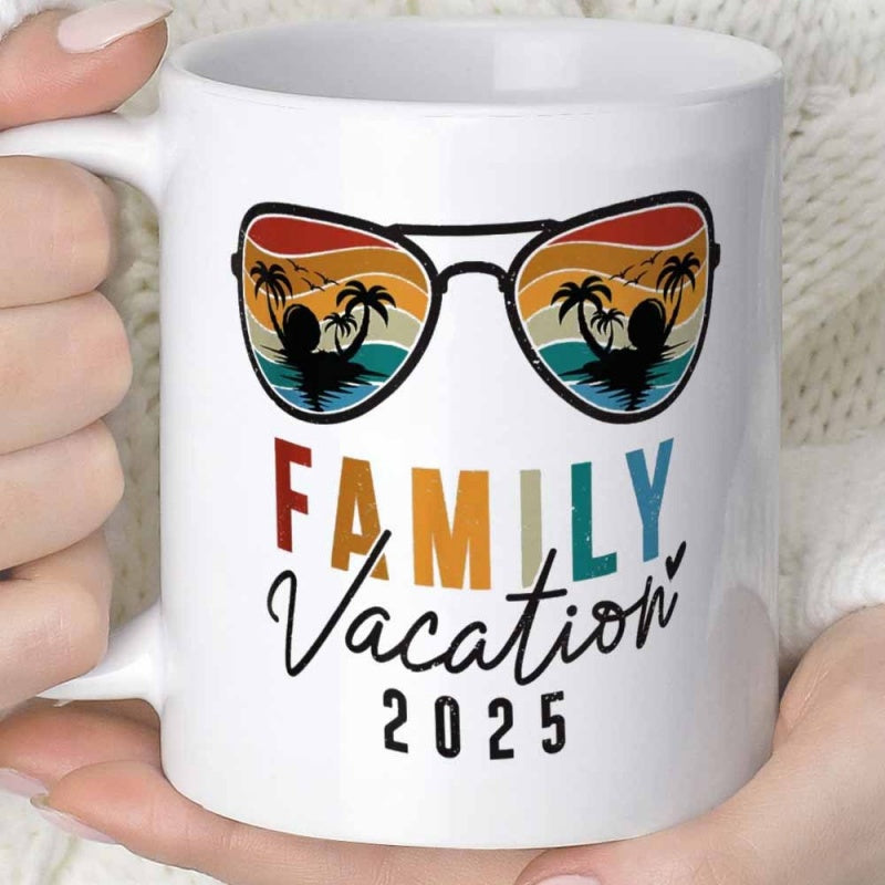 Tailorly White Ceramic 11 oz Mug - Family Vacation 2025 Retro Tropical Palm Trees Reflecting Within Sunset Tinted Summer Style Sunglasses