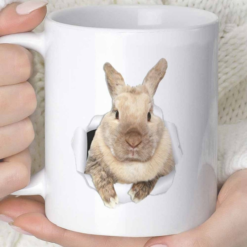 Tailorly White Ceramic 11 oz Mug - Adorable Brown Rabbit Peeking Through A Torn Paper Effect Rabbit