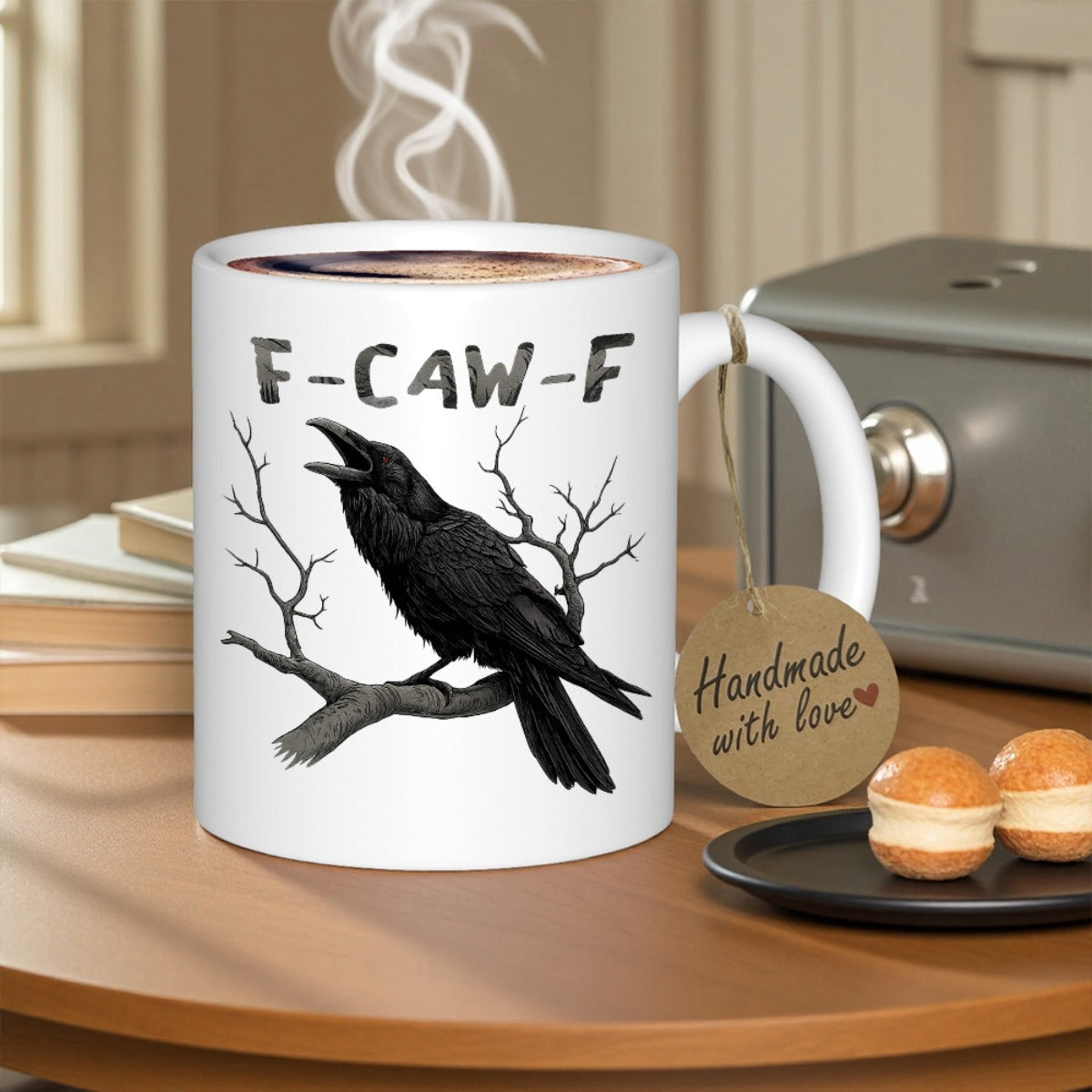 Tailorly White Ceramic 11 oz Mug - F CAW F Majestic Silhouette Of A Black Raven Perched On Bare Winter Branches Crow