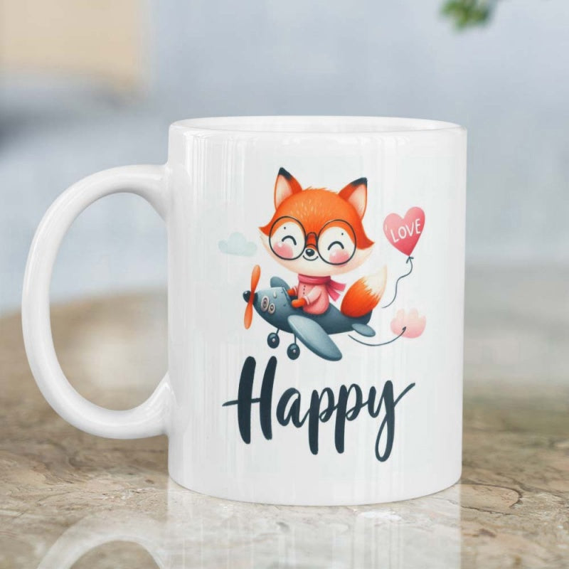 Tailorly White Ceramic 11 oz Mug - Happy Love Adorable Cartoon Fox Flying Small Airplane With Heart Balloon Fox