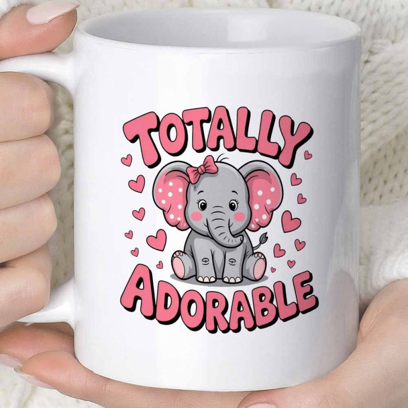 Tailorly White Ceramic 11 oz Mug - Totally Adorable Charming Baby Animal Sitting With Dotted Ears And Hearts Elephant