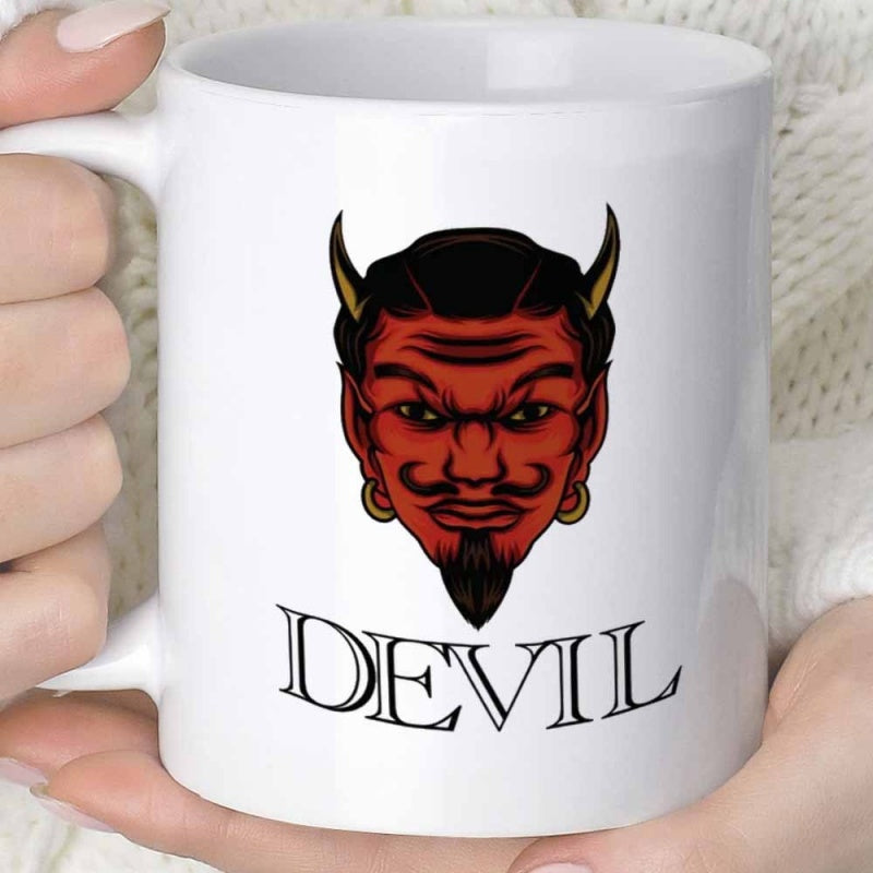 Tailorly White Ceramic 11 oz Mug - Devil Menacing Red Demon Face Featuring Sharp Horns And Classic Black Goatee Devil