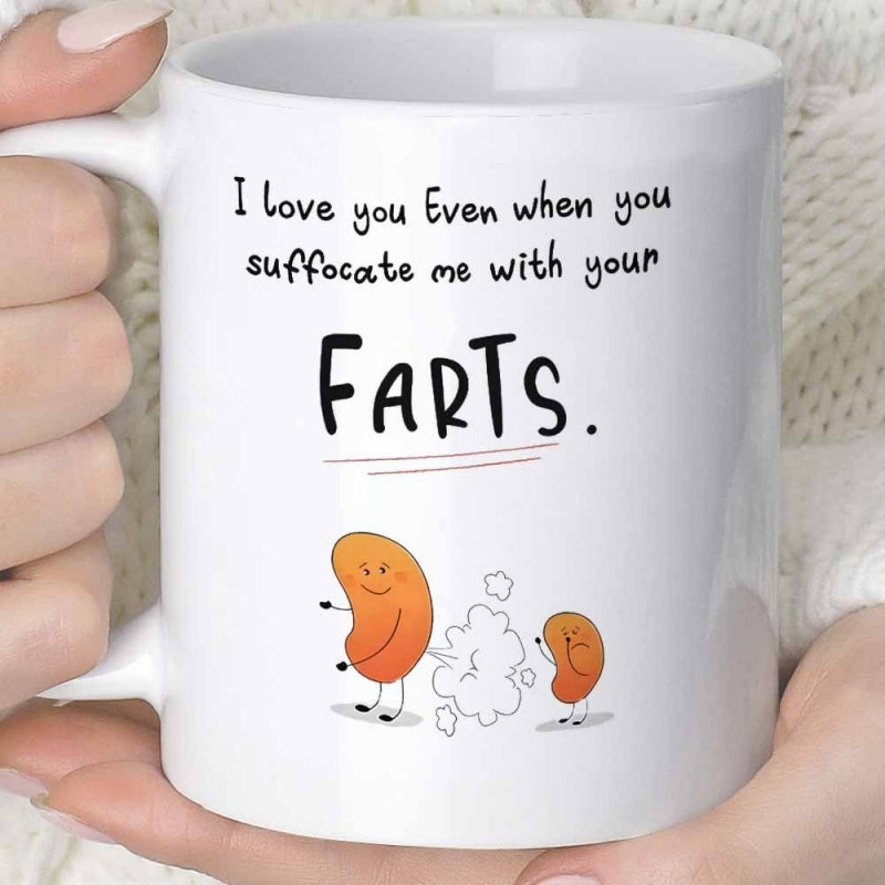 Tailorly White Ceramic 11 oz Mug - I Love You Even When You Suffocate Me With Your Farts Whimsical Hand Drawn Cartoon Beans Farting On A Plain White Minimalist