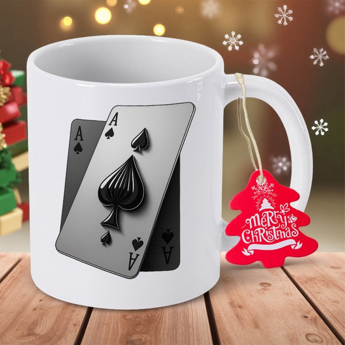 Tailorly White Ceramic 11 oz Mug - Merry Christmas Artistic Three Dimensional Monochrome Ace Of Spades Playing Cards Overlapping Design Card