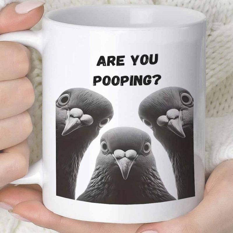 Tailorly White Ceramic 11 oz Mug - Are You Pooping Three Curious Birds Staring Intently From A Low Angle Close Up Pigeon