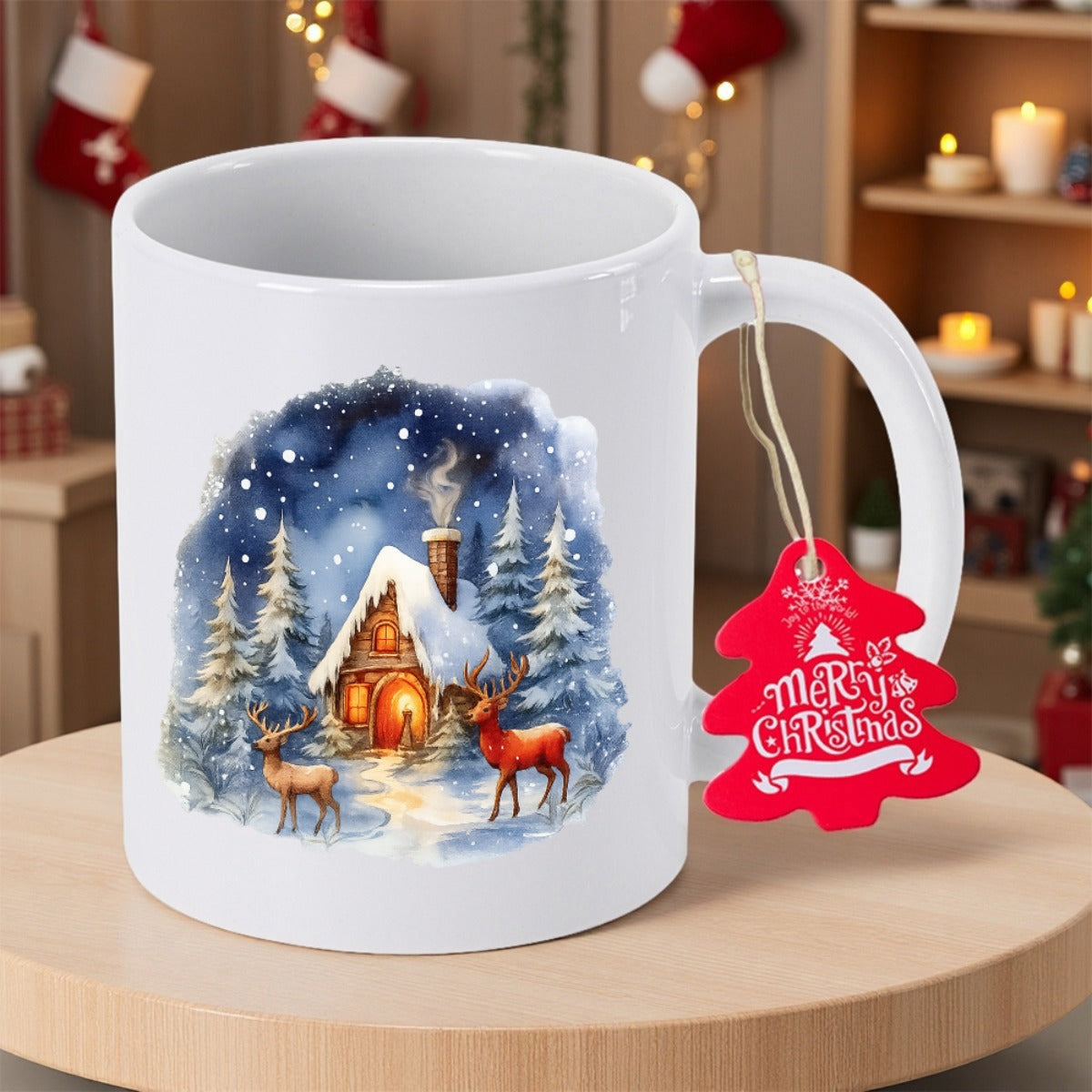 Tailorly White Ceramic 11 oz Mug - Merry Christmas Cozy Snow Covered Winter Forest Landscape With Grazing Reindeer