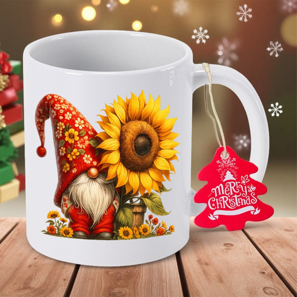 Tailorly White Ceramic 11 oz Mug - Merry Christmas Adorable Gnome With Red Floral Hat Beside Large Sunflower Gnome