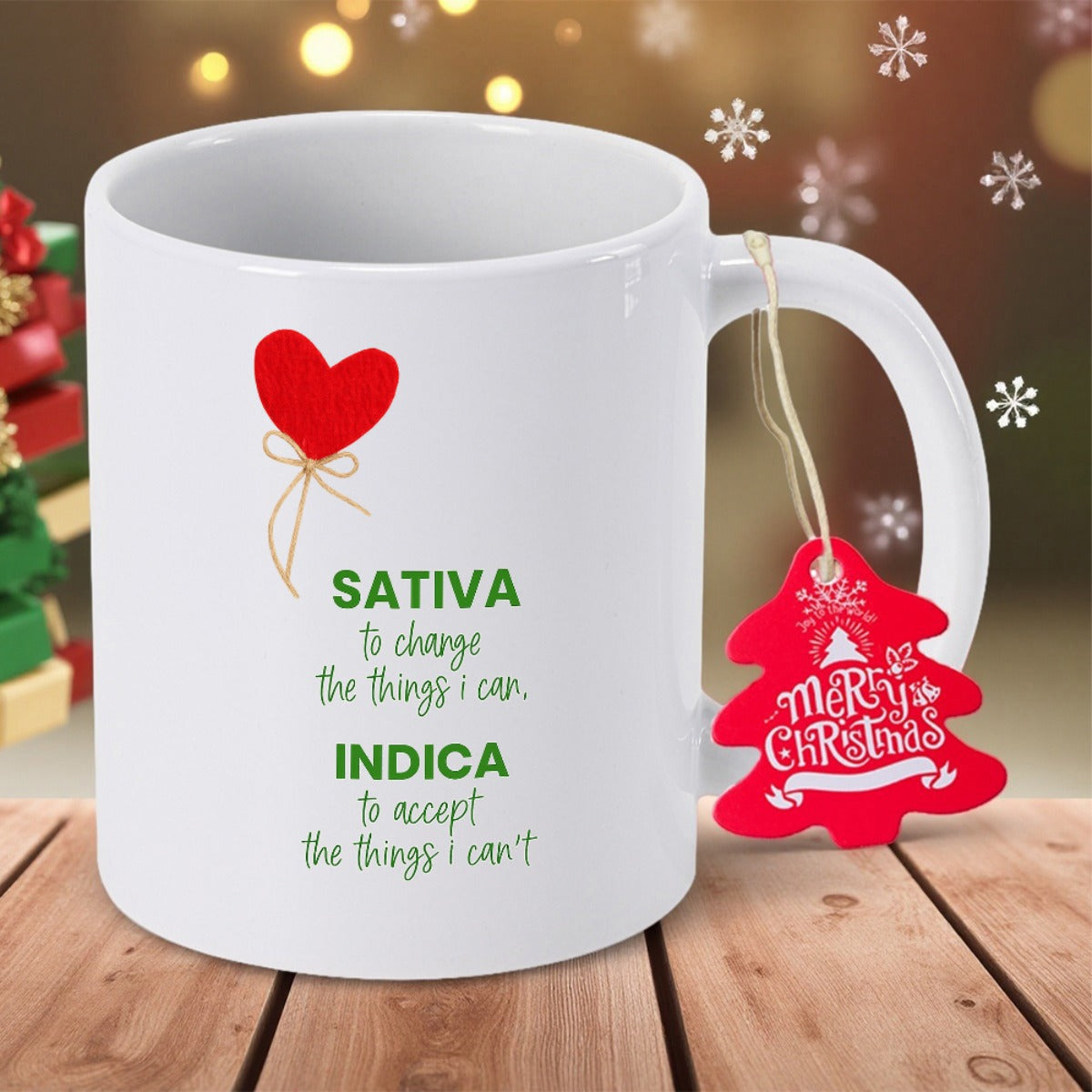 Tailorly White Ceramic 11 oz Mug - Sativa Indica To Change And Accept Minimalist Red Heart Balloon Floating Above Meaningful Green Script Text Mug