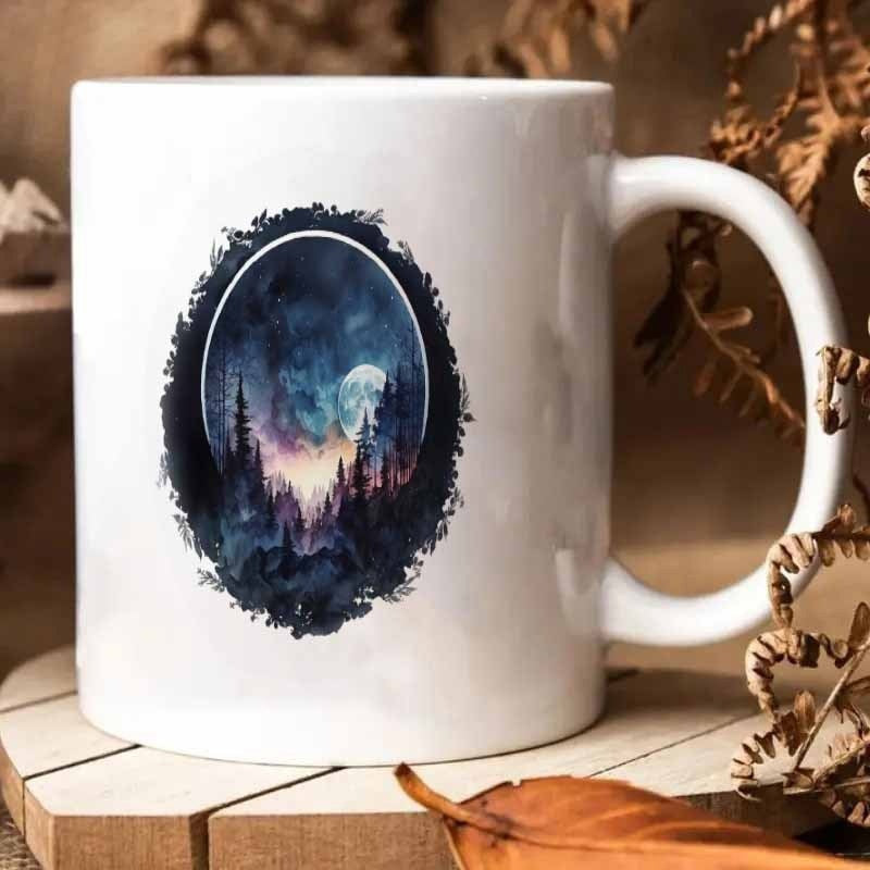 Tailorly White Ceramic 11 oz Mug - Majestic Pine Trees Under A Glowing Full Moon Night Sky Forest