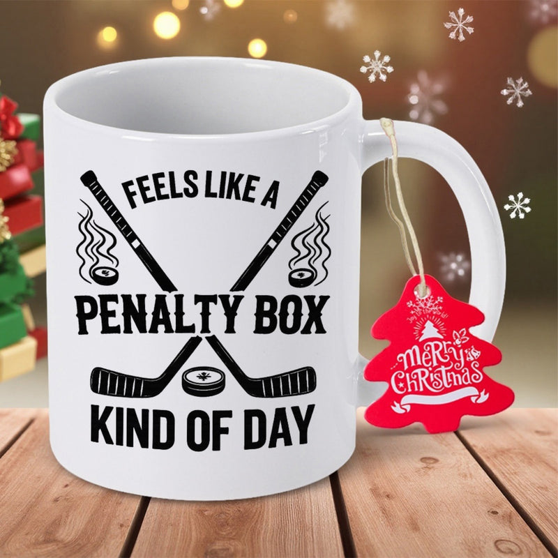 Tailorly White Ceramic 11 oz Mug - Feels Like A Penalty Box Kind Of Day Crossed Hockey Sticks With Pucks Sliding Among Dynamic Artistic Motion Lines Hockey Stick
