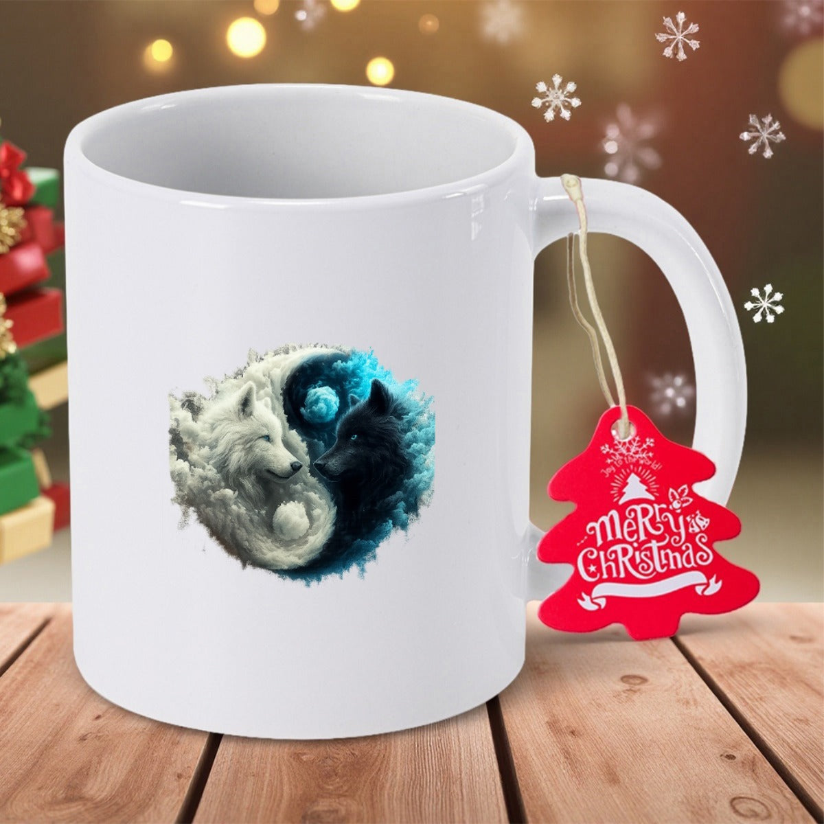 Tailorly White Ceramic 11 oz Mug - Merry Christmas Mystical Black And White Wolves Forming A Symbolic Celestial Yin Yang Circle Wolf