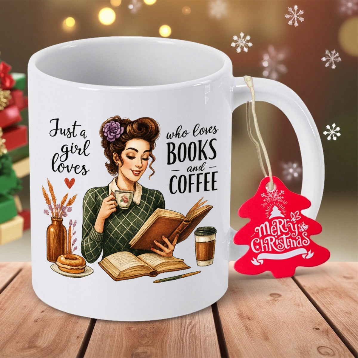 Tailorly White Ceramic 11 oz Mug - Just A Girl Who Loves Books And Coffee Vintage Illustration Of Lady Reading Books Drinking Coffee Woman