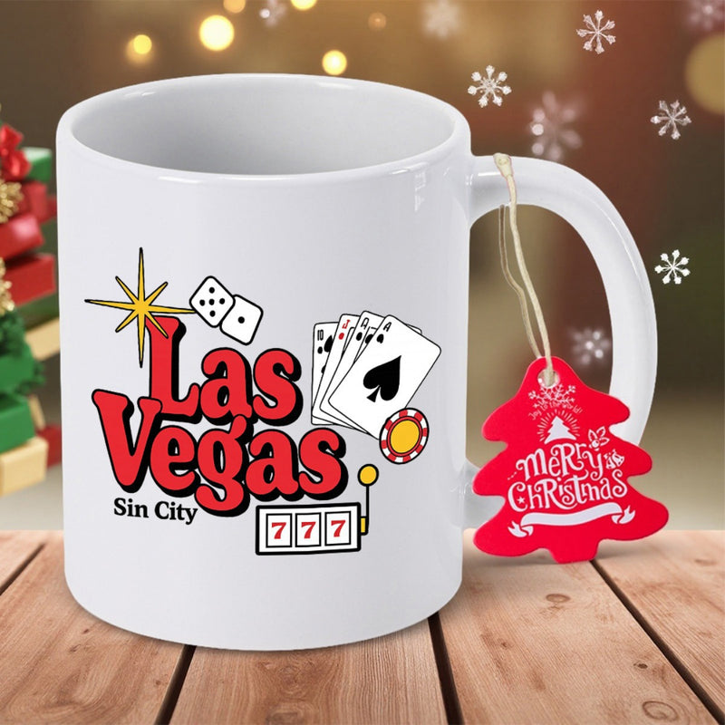 Tailorly White Ceramic 11 oz Mug - Las Vegas Sin City 777 Vintage Retro Gambling Elements With Playing Cards And Lucky Dice