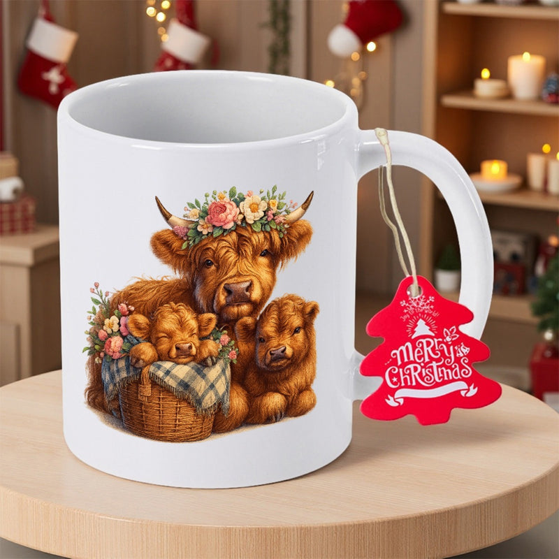 Tailorly White Ceramic 11 oz Mug - Merry Christmas Adorable Fluffy Highland Family With Floral Crown Resting In Rustic Wicker Basket Cow