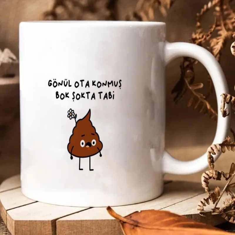 Tailorly White Ceramic 11 oz Mug - Funny Minimalist Brown Character Holding A Delicate Flower With Small Legs Poop