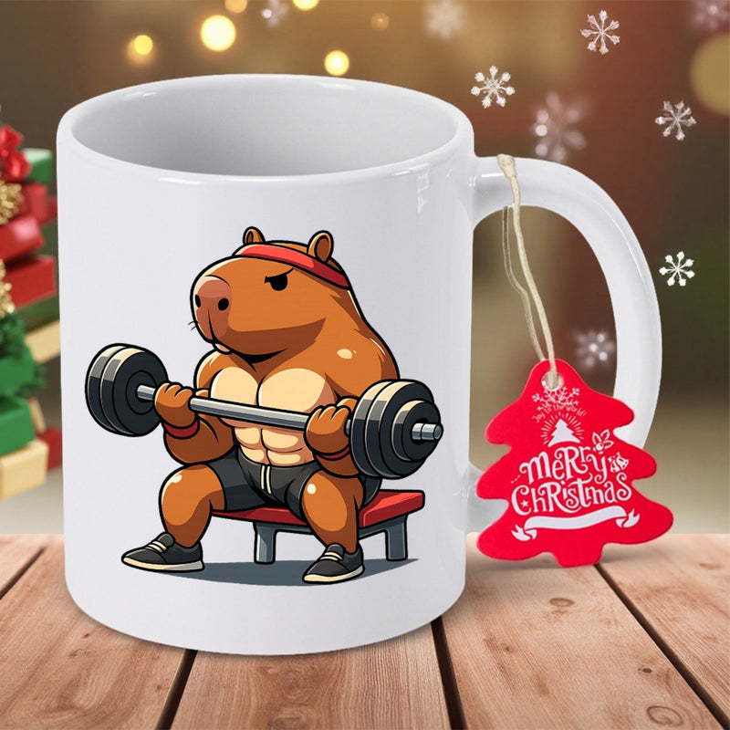 Tailorly White Ceramic 11 oz Mug - Merry Christmas Strong Muscular Character Working Out With Heavy Weight Lifting Barbell Capybara