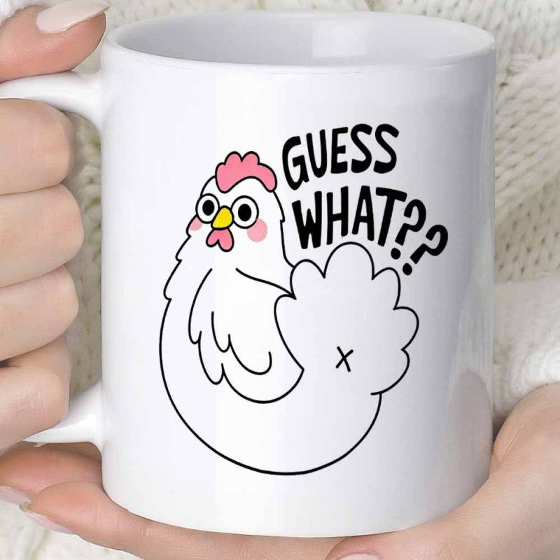 Tailorly White Ceramic 11 oz Mug - Guess What Cute Cartoon White Hen With Pink Comb And Playful Round Features Chicken