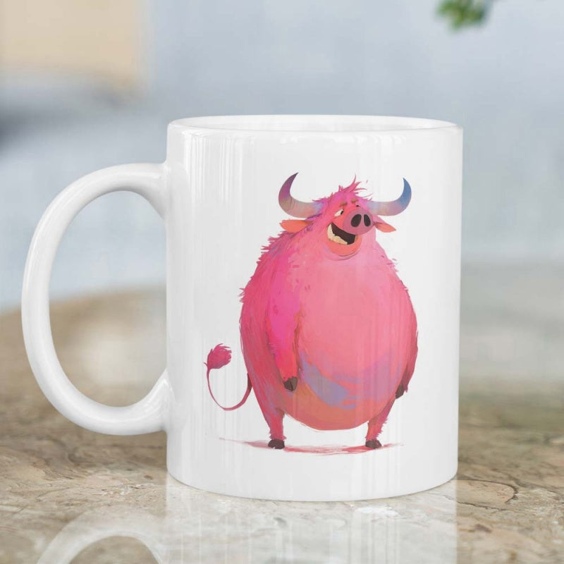 Tailorly White Ceramic 11 oz Mug - Vibrant Fluffy Pink Character With Curved Horns And Cheerful Expression Bull