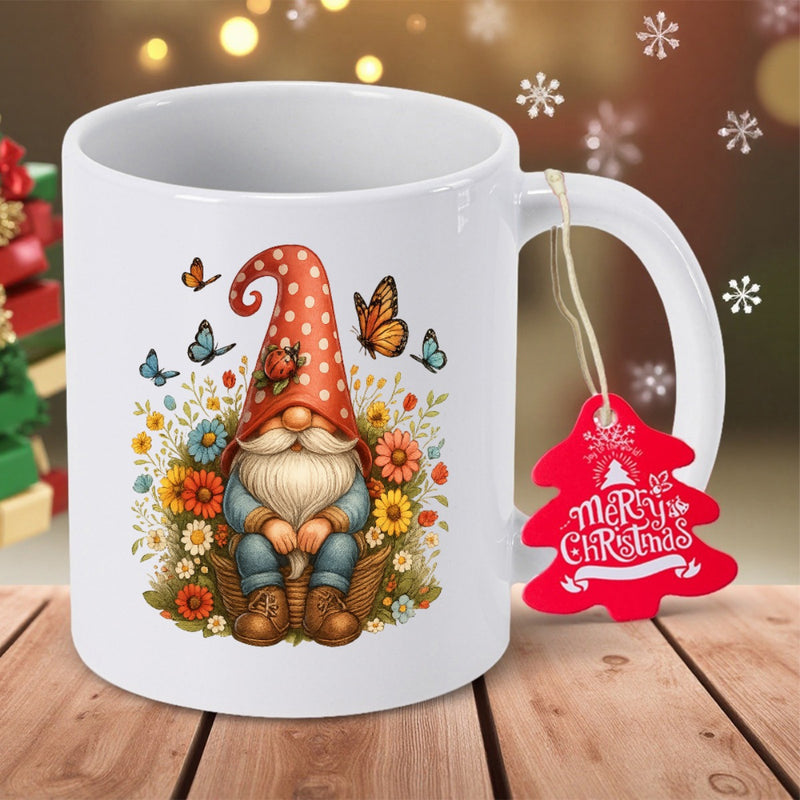 Tailorly White Ceramic 11 oz Mug - Merry Christmas Charming Garden Gnome Sitting Peacefully Among Blooming Wildflowers And Fluttering Butterflies Gnome
