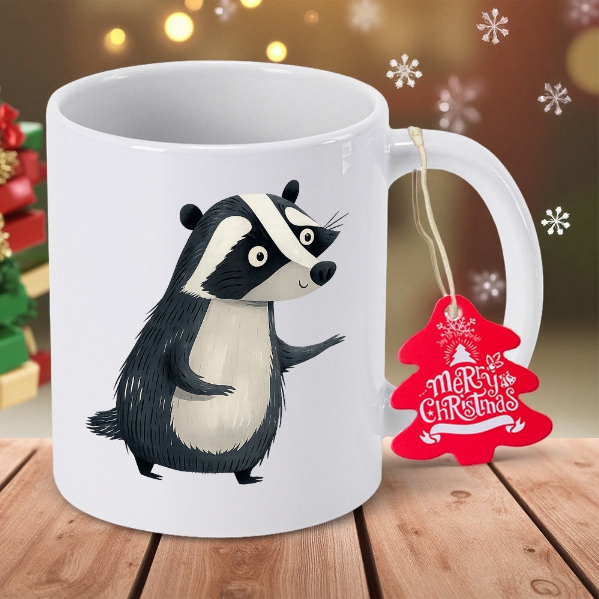 Tailorly White Ceramic 11 oz Mug - Merry Christmas Adorable Standing Cartoon Forest Animal With Fur Details Badger