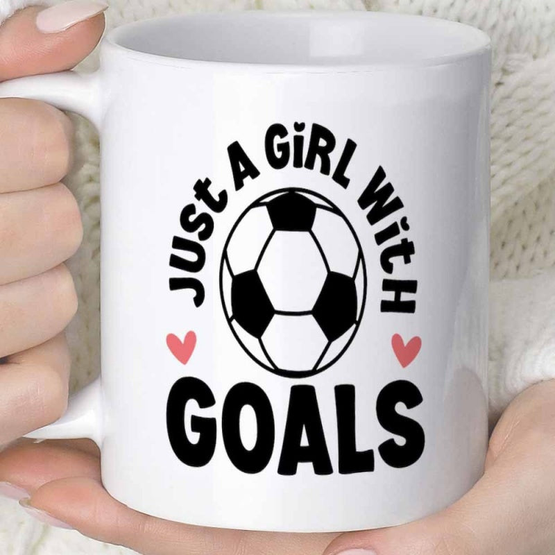 Tailorly White Ceramic 11 oz Mug - Just A Girl With Goals Classic Black And White Sporting Equipment With Hearts Soccer Ball