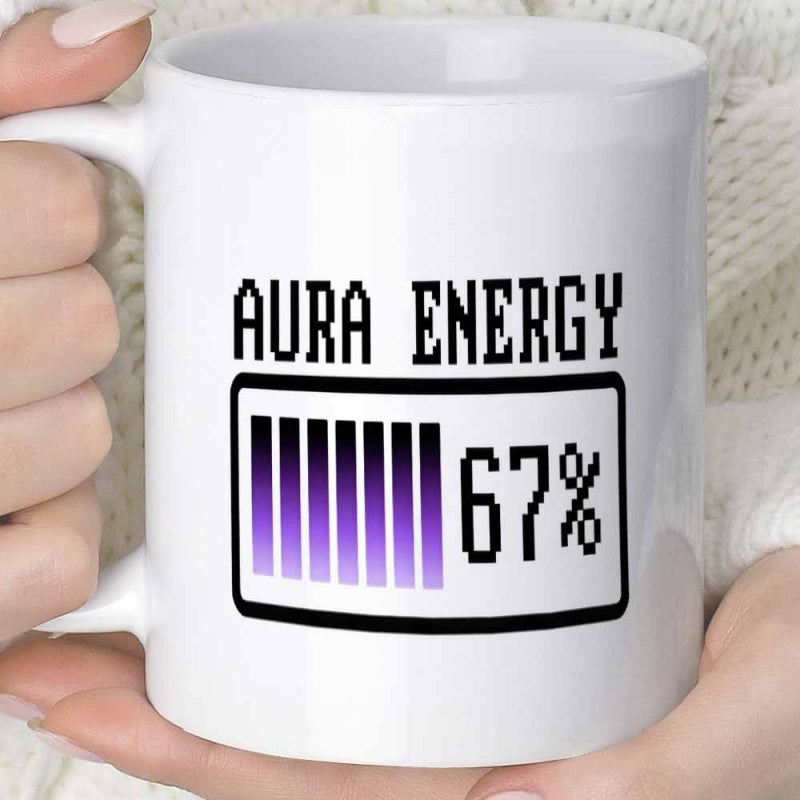 Tailorly White Ceramic 11 oz Mug - Aura Energy 67 Pixelated Battery Status Frame Featuring Radiant Purple Gradient Progress Stripes Battery
