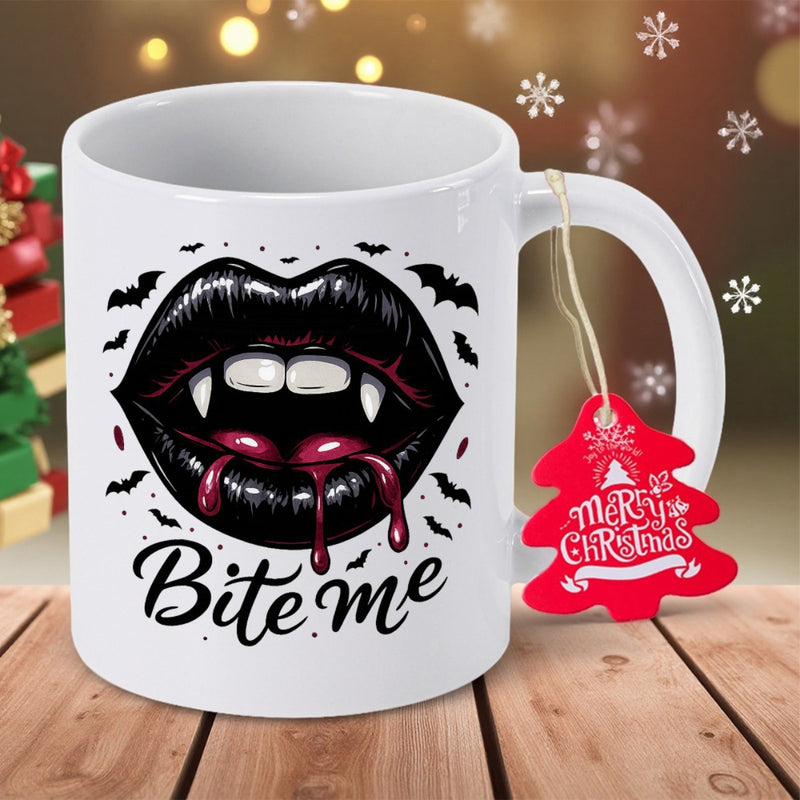 Tailorly White Ceramic 11 oz Mug - Bite Me Dark Vampire Mouth With Sharp Fangs And Dripping Blood Under Flying Bats Lips