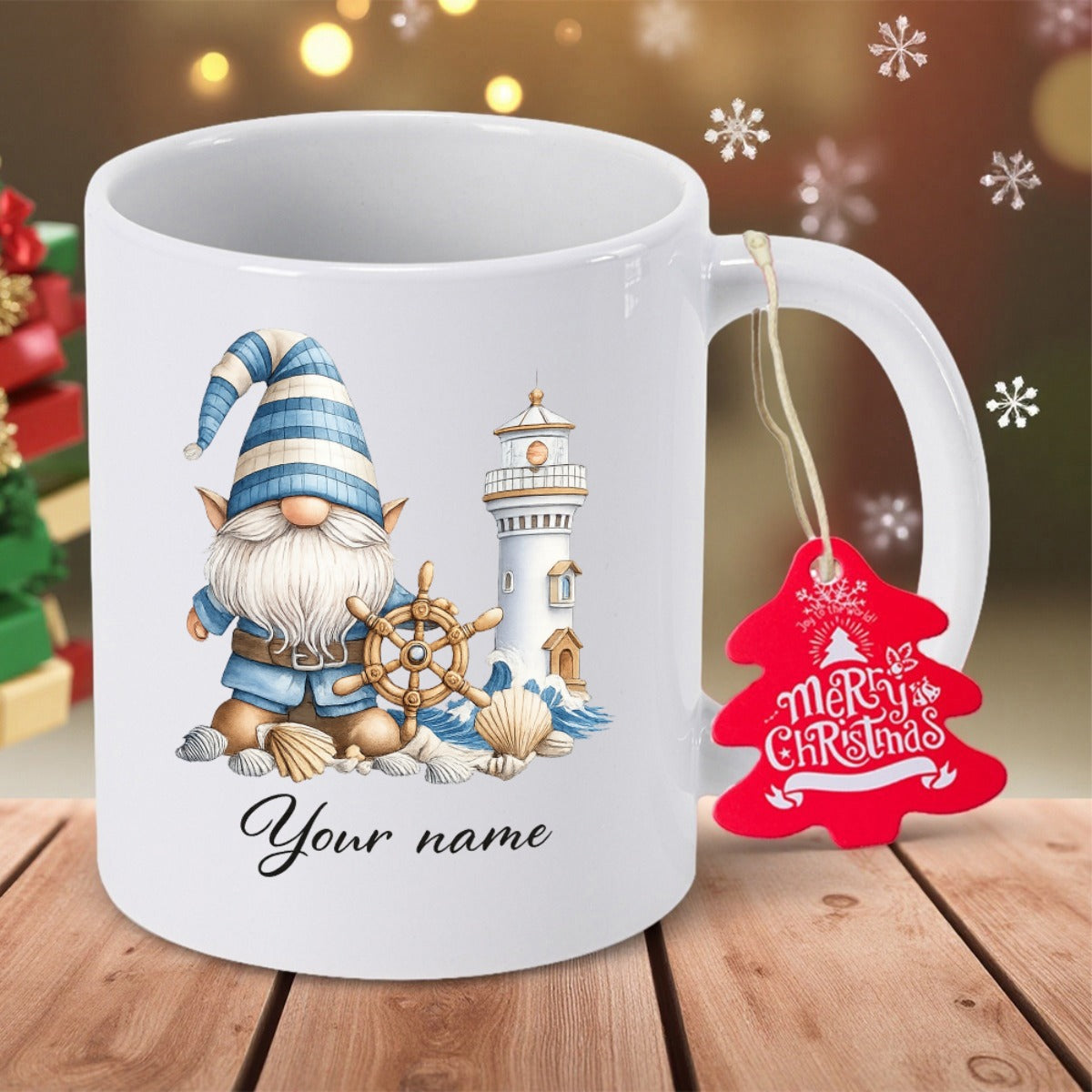Tailorly White Ceramic 11 oz Mug - Merry Christmas Nautical Themed Sailor With Striped Hat Beside A Tall Seaside Lighthouse Gnome