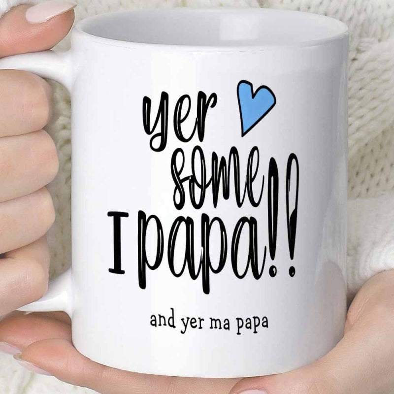 Tailorly White Ceramic 11 oz Mug - Yer Some Papa And Yer Ma Papa Minimalist Style With Simple Blue Heart Centered Above Playful Text Heart