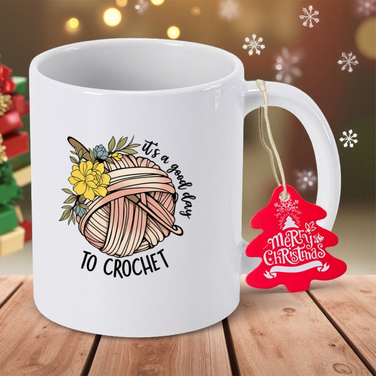 Tailorly White Ceramic 11 oz Mug - Its A Good Day To Crochet Soft Textured Yarn Ball Nestled Among Blooming Petals Yarn Ball