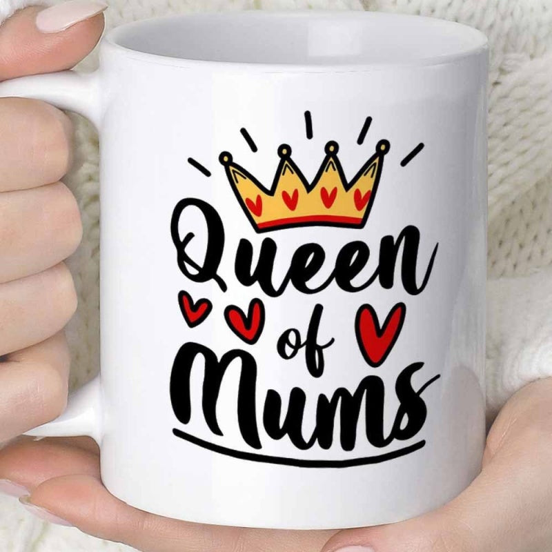 Tailorly White Ceramic 11 oz Mug - Queen Of Mums Golden Crown With Red Hearts Floating Around Elegant Script Crown