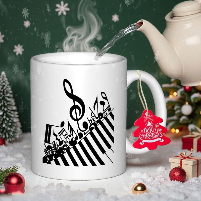 Tailorly White Ceramic 11 oz Mug - Artistic Black Musical Notes Dancing Over Elegant Diagonal Keys Piano