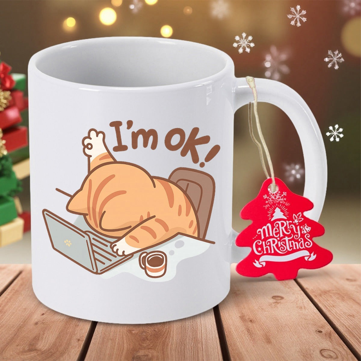 Tailorly White Ceramic 11 oz Mug - I m Ok Exhausted Ginger Tabby Cat Working On A Small Laptop With Coffee Cat