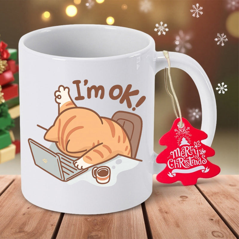 Tailorly White Ceramic 11 oz Mug - I m Ok Exhausted Ginger Tabby Cat Working On A Small Laptop With Coffee Cat