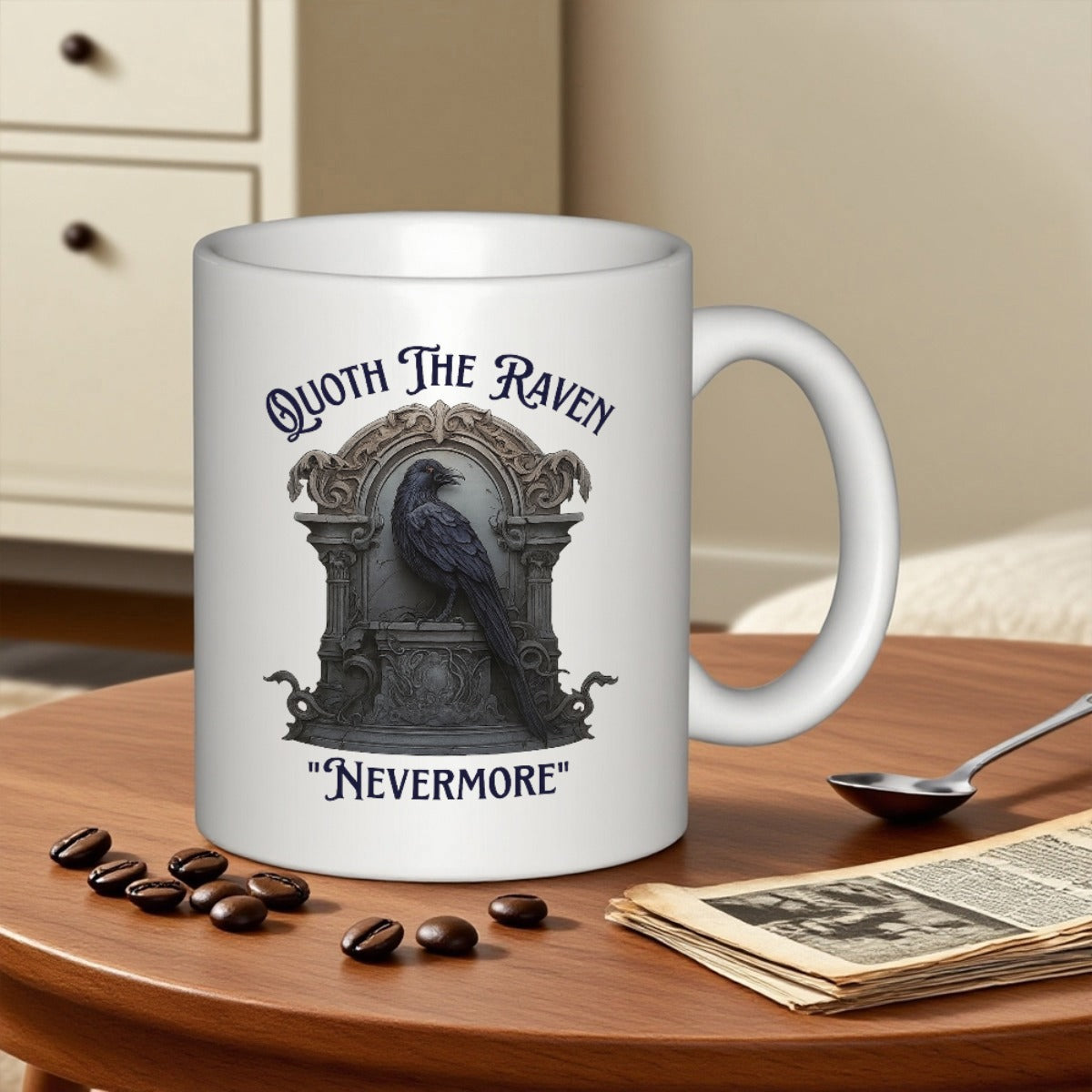 Tailorly White Ceramic 11 oz Mug - Quoth The Raven Nevermore Majestic Black Bird Perched On Ornate Stone Gothic Pedestal Raven